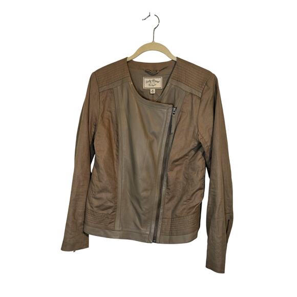 Lucky Brand Lamb Leather Linen Moto Mixed Media Jacket Size Medium Fall Jacket - Picture 1 of 8
